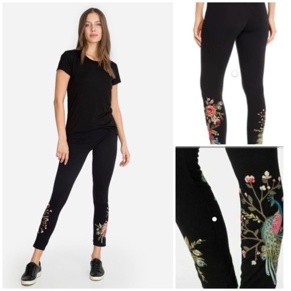 JW LA Johnny Was Black Embroidered Peacock Floral Leggings Womens Size S